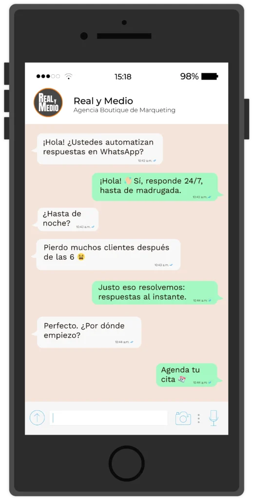 Mockup de conversación automatizada de WhatsApp para negocios, servicio de Real y Medio en Mérida, Yucatán.