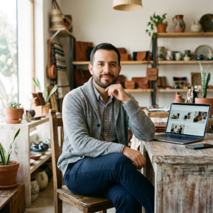 Dueño de una pequeña empresa mexicana en su tienda de artesanías junto a una laptop con la página web de su negocio - Real y Medio, Agencia Boutique de Marketing Digital