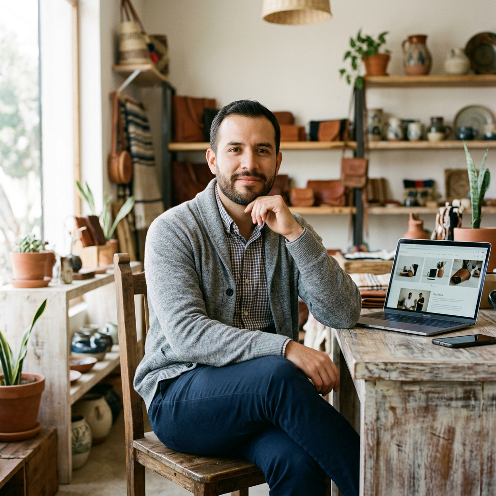 Dueño de una pequeña empresa mexicana en su tienda de artesanías junto a una laptop con la página web de su negocio - Real y Medio, Agencia Boutique de Marketing Digital